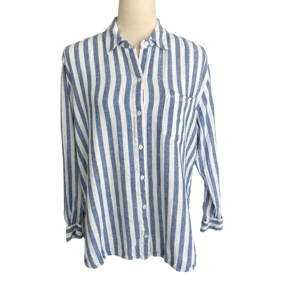 Old Navy The Boyfriend Shirt Women Stripes Linen Blend Button Up Casual Top M - Picture 1 of 9